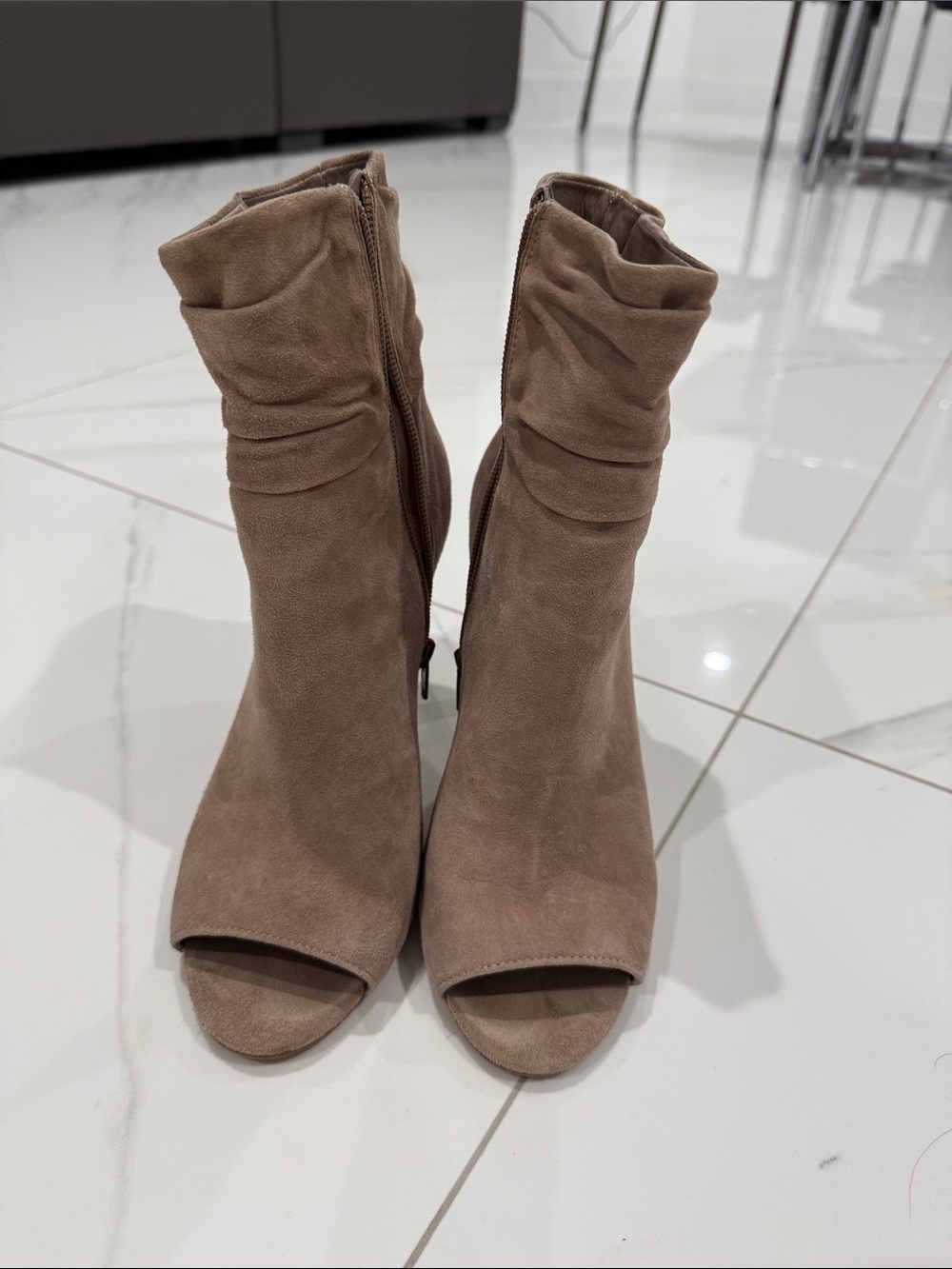Vince Camuto Women's Taupe/Mushroom Suede Peep-Toe Ankle Booties
